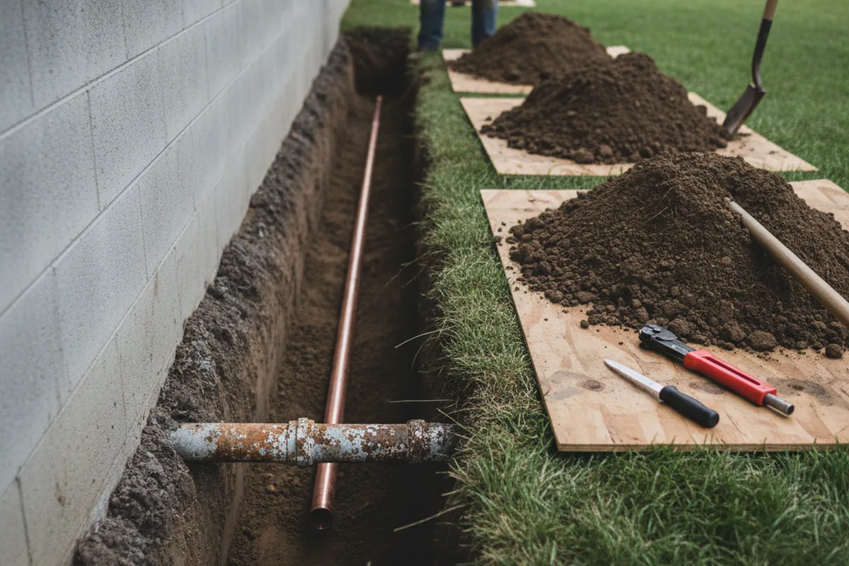 Excavated water line trench during Water Softener Installation in Kempner